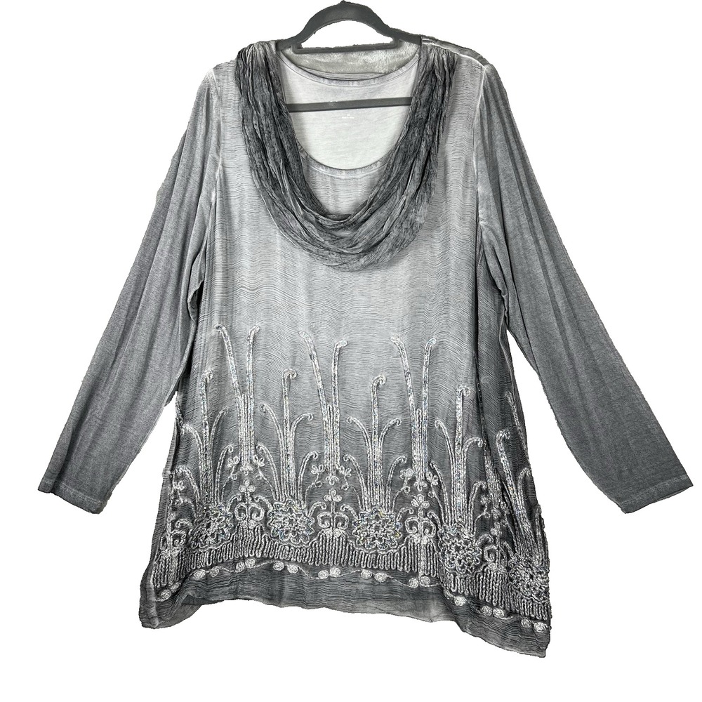 SOFT SURROUNDINGS Silk‎ Beaux Arts Tunic Women's Size 1X Gray Sequin FAIRY